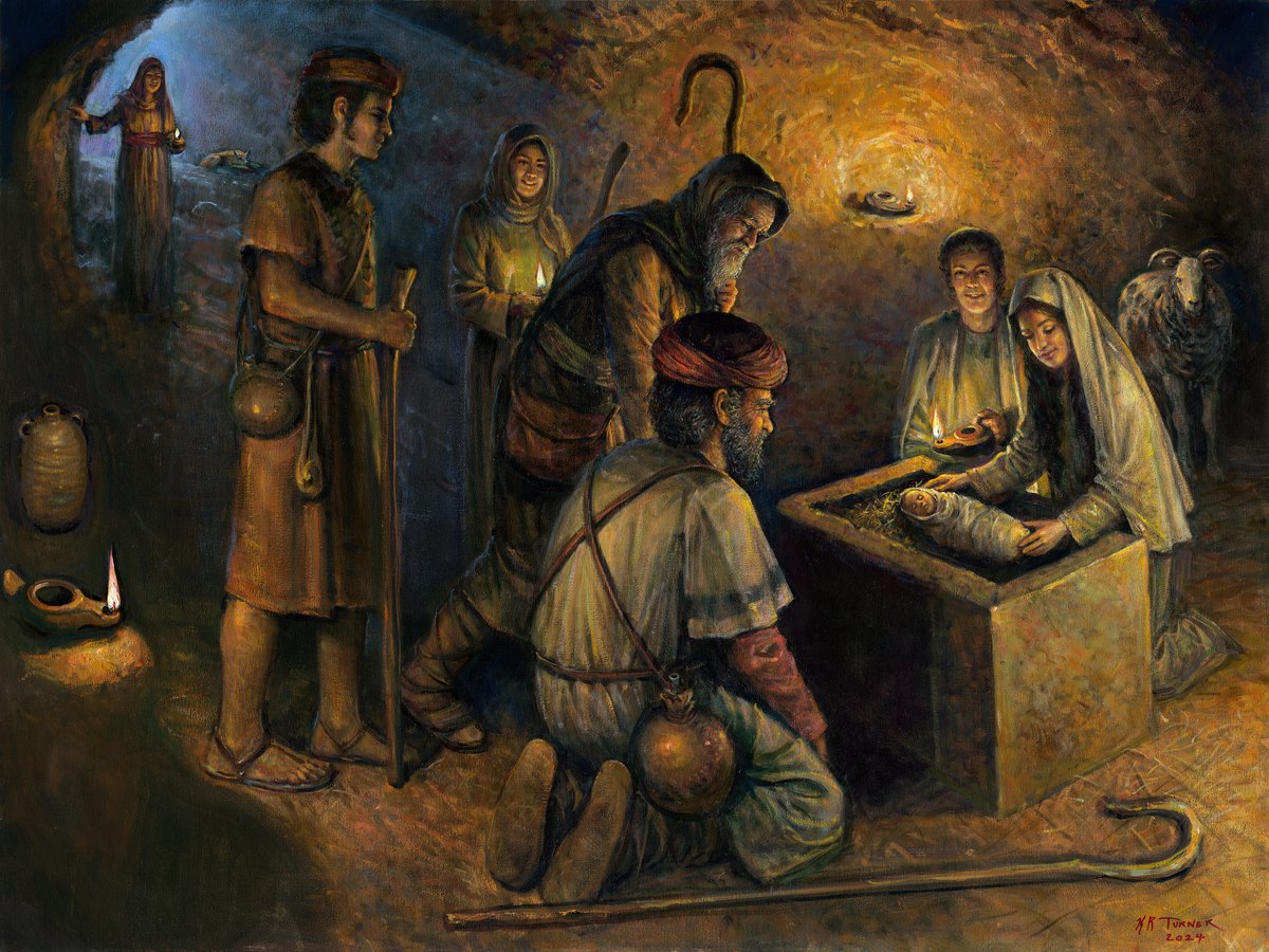 Behold the Lamb of God — The Nativity. Oil on canvas, 48 × 36 in. Painting by Kenneth R. Turner.