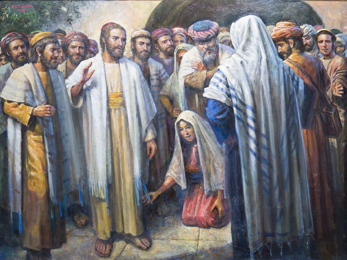 For She Touched the Hem of His Garment. Oil on canvas, 40 × 30 in. Painting by Kenneth R. Turner.