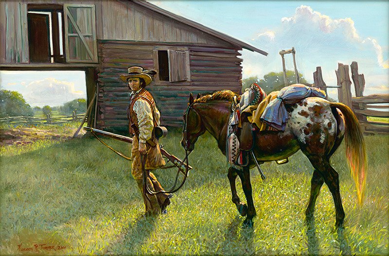 Messenger from the Alamo. Oil on canvas, 36 × 24 in. Painting by Kenneth R. Turner.