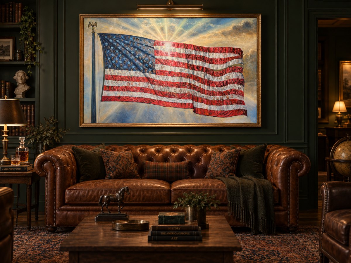 We the People, 2026, at 60 × 40 in, shown for scale in a rendered room above a 7-ft sofa